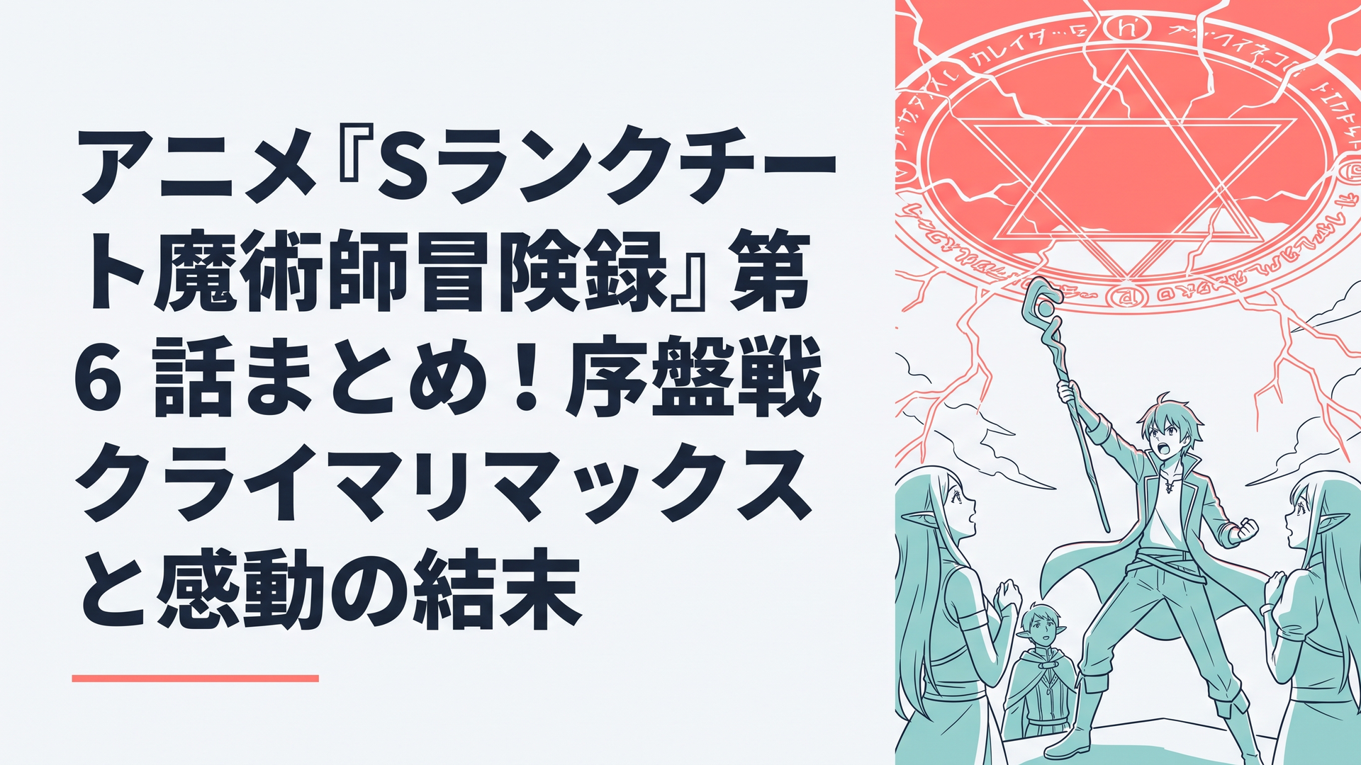 巨大な雷の魔法陣が空を覆い、見上げるエルフたちと杖を構える主人公の緊迫したファンタジーシーン