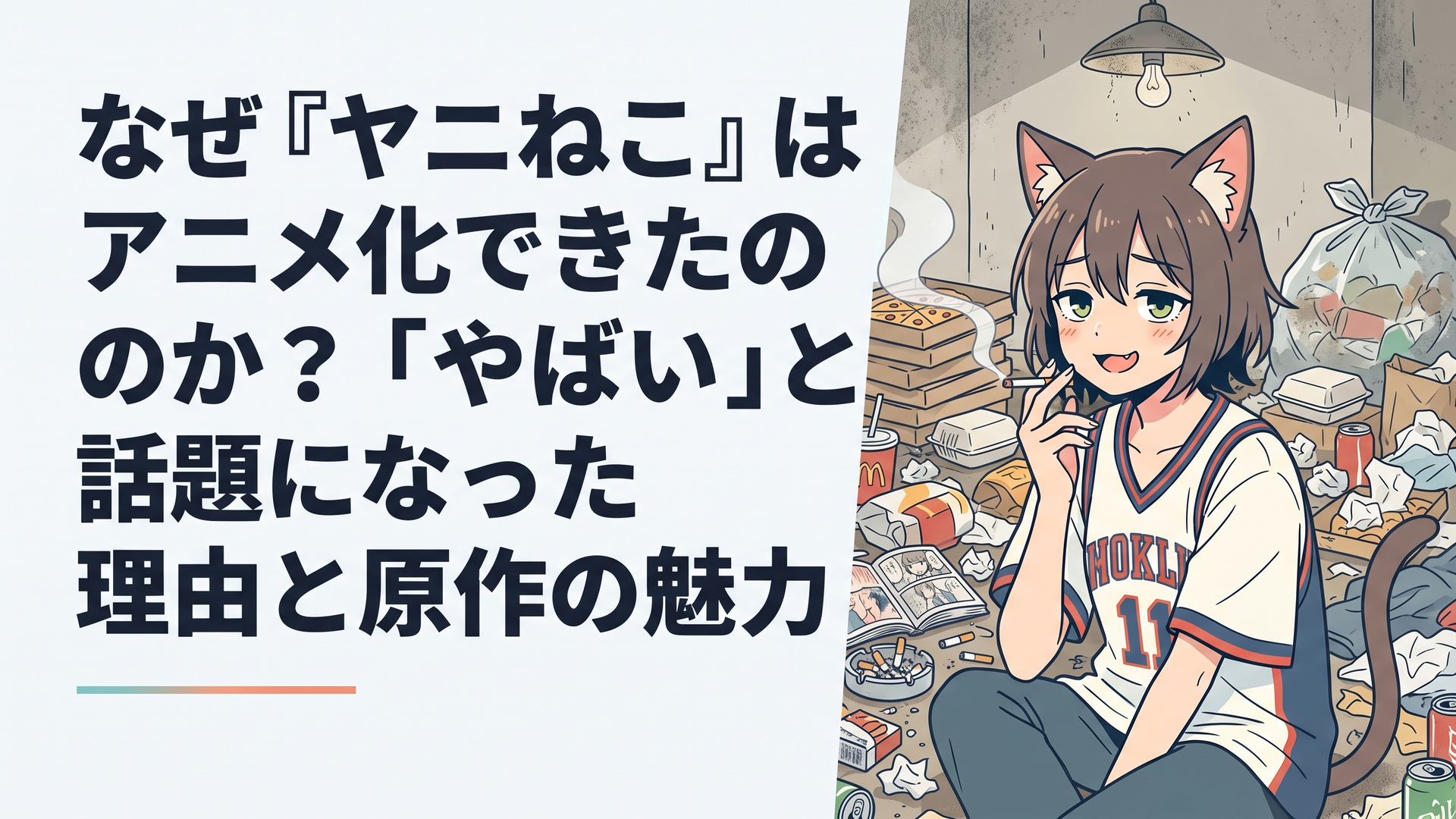 煙草の煙が漂うゴミだらけの散らかった部屋で、ジャージ姿でけだるそうに煙草を吸っている猫耳の獣人の女の子