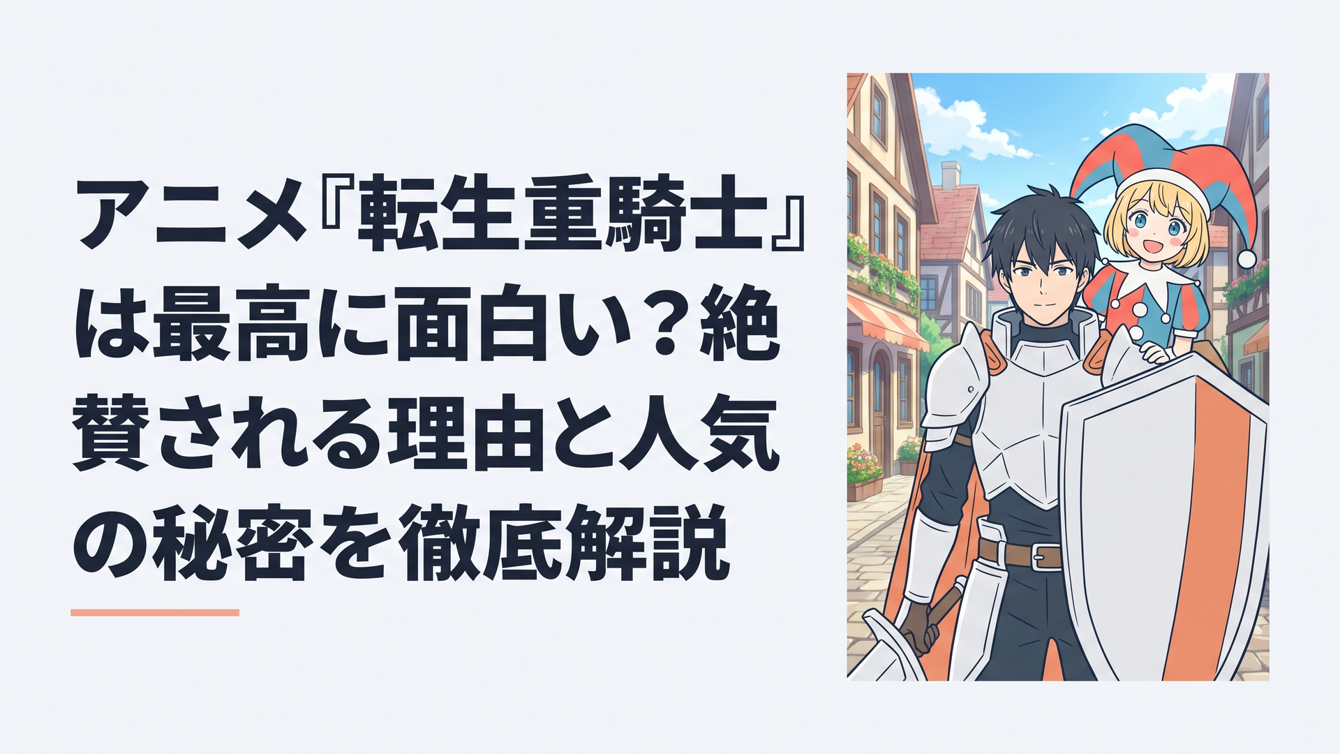 ファンタジー世界の美麗な街並みを背景に、巨大な盾を構える冷静な重騎士の青年と、その後ろで無邪気な笑顔を見せる道化師の少女